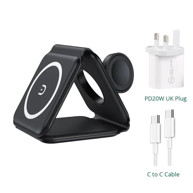 Foldable 3 in 1 Magnetic Wireless Charger Stand - Fast Charging for iPhone 13, AirPods Pro, iWatch Black-A With UK Plug