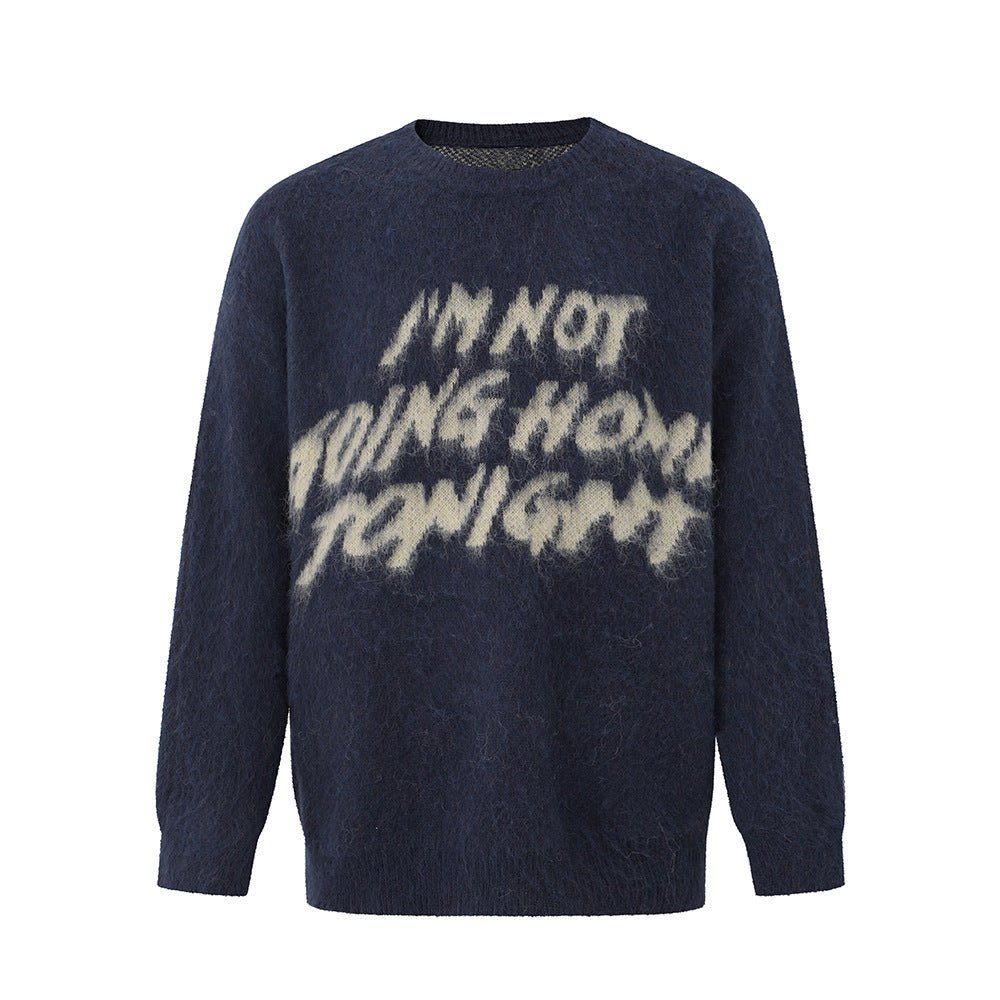 Pullover round neck jumper men winter loose navy blue XXL