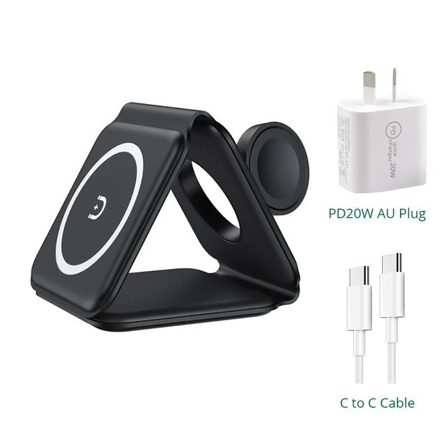 Foldable 3 in 1 Magnetic Wireless Charger Stand - Fast Charging for iPhone 13, AirPods Pro, iWatch Black with AU Plug