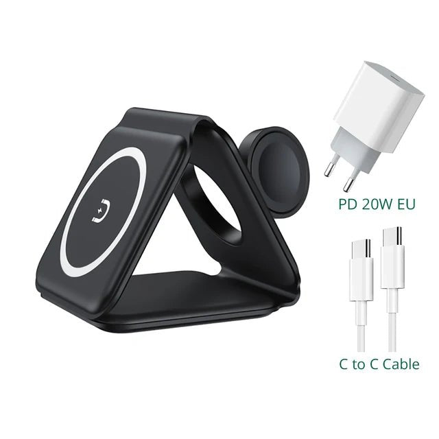 Foldable 3 in 1 Magnetic Wireless Charger Stand - Fast Charging for iPhone 13, AirPods Pro, iWatch Black with EU Plug
