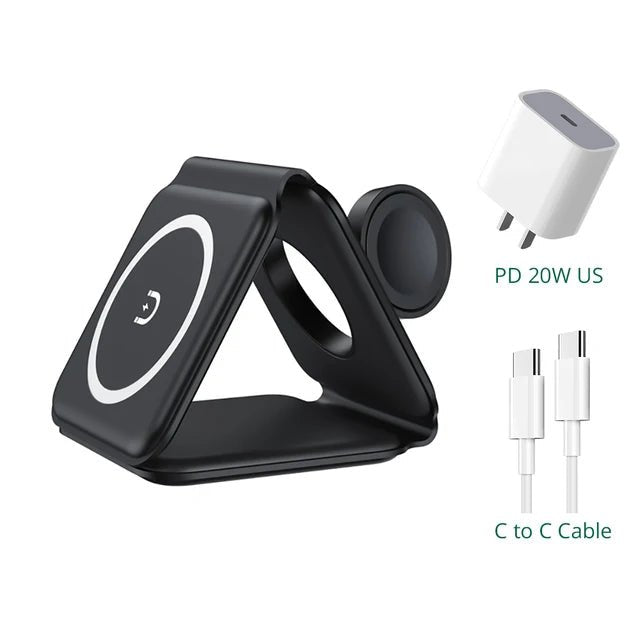 Foldable 3 in 1 Magnetic Wireless Charger Stand - Fast Charging for iPhone 13, AirPods Pro, iWatch Black with US Plug