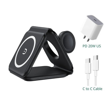 Foldable 3 in 1 Magnetic Wireless Charger Stand - Fast Charging for iPhone 13, AirPods Pro, iWatch Black with US Plug