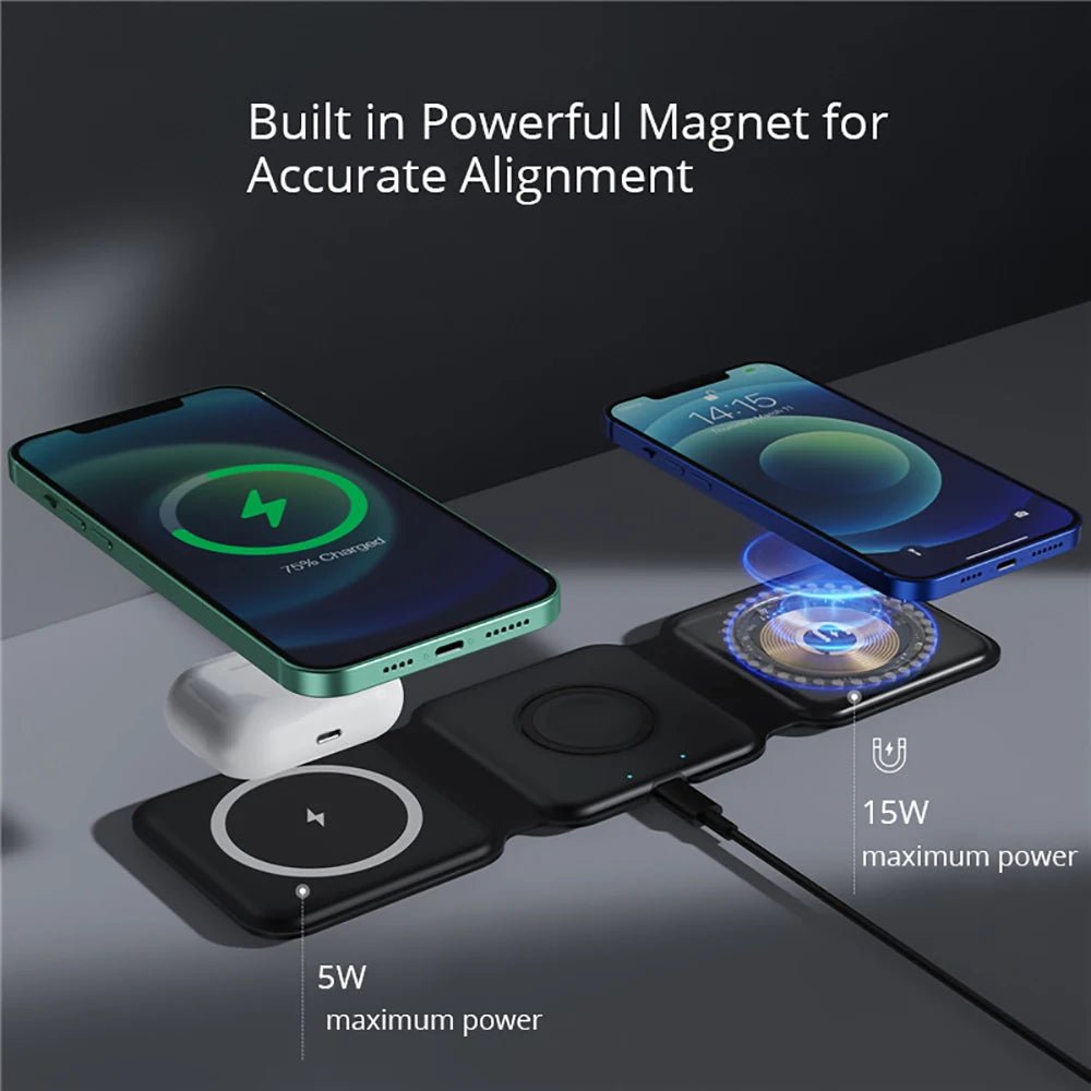 Foldable 3 in 1 Magnetic Wireless Charger Stand - Fast Charging for iPhone 13, AirPods Pro, iWatch White