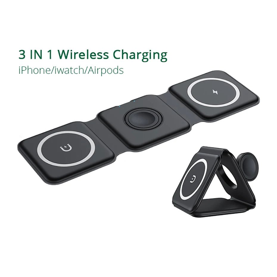 Foldable 3 in 1 Magnetic Wireless Charger Stand - Fast Charging for iPhone 13, AirPods Pro, iWatch White