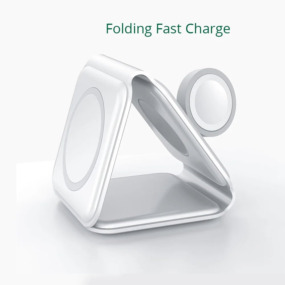 Foldable 3 in 1 Magnetic Wireless Charger Stand - Fast Charging for iPhone 13, AirPods Pro, iWatch White