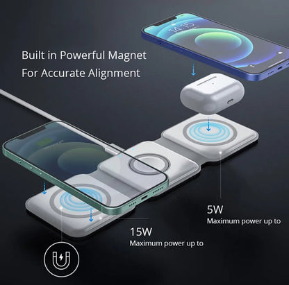 Foldable 3 in 1 Magnetic Wireless Charger Stand - Fast Charging for iPhone 13, AirPods Pro, iWatch White