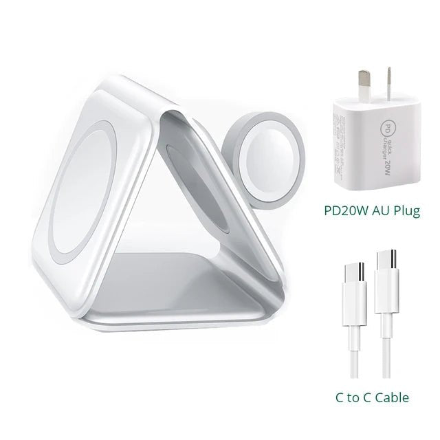 Foldable 3 in 1 Magnetic Wireless Charger Stand - Fast Charging for iPhone 13, AirPods Pro, iWatch White with AU Plug