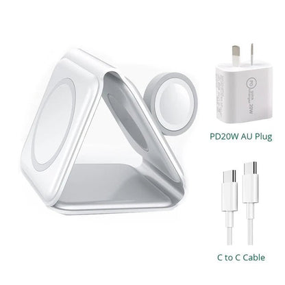 Foldable 3 in 1 Magnetic Wireless Charger Stand - Fast Charging for iPhone 13, AirPods Pro, iWatch White with AU Plug