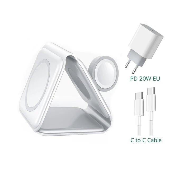 Foldable 3 in 1 Magnetic Wireless Charger Stand - Fast Charging for iPhone 13, AirPods Pro, iWatch White with EU Plug