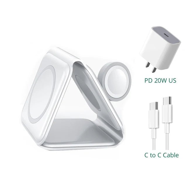 Foldable 3 in 1 Magnetic Wireless Charger Stand - Fast Charging for iPhone 13, AirPods Pro, iWatch White with US Plug
