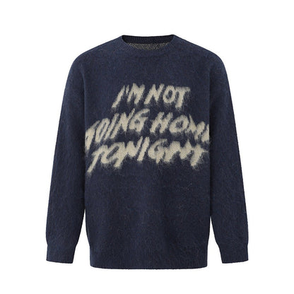 Pullover round neck jumper men winter loose navy blue M