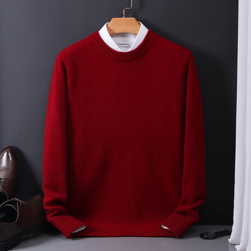 Round neck sweater men's Slim knitted bottoming shirt fall and winter dark red L