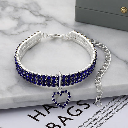 three rows stretch pet rhinestone love cat dog necklace Blue S(20CM+5CM)