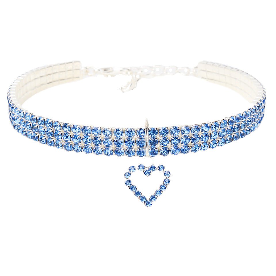 three rows stretch pet rhinestone love cat dog necklace pale blue L(30CM+5CM)