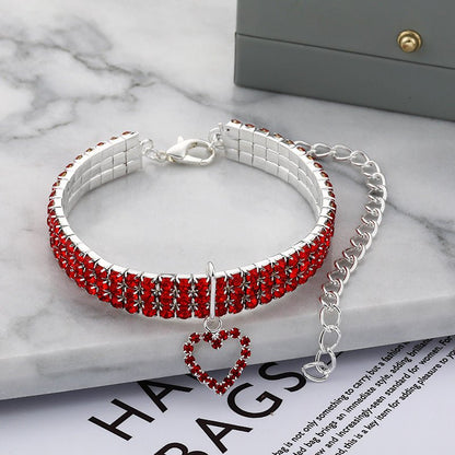 three rows stretch pet rhinestone love cat dog necklace Red M(25CM+5CM)