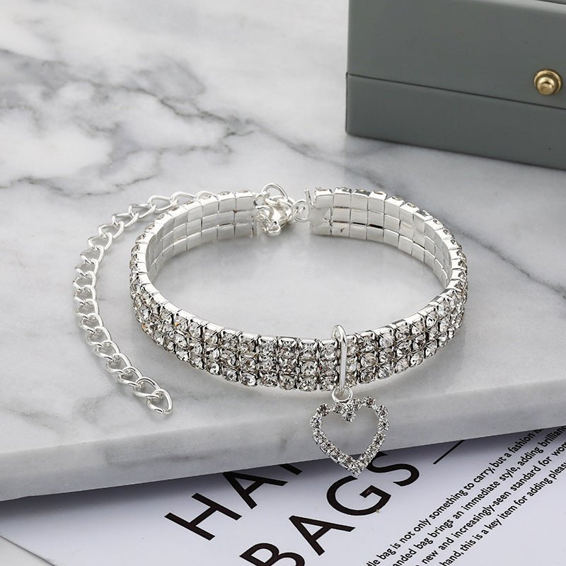 three rows stretch pet rhinestone love cat dog necklace White M(25CM+5CM)